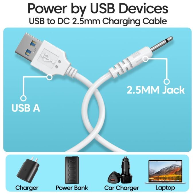 Sounce 2.5mm Jack USB to DC Charging Cable | 2.5mm to USB Power Cord for Toys, Beauty Devices, Massagers & More | 80cm Durable Charging Cable (White) - Image 3